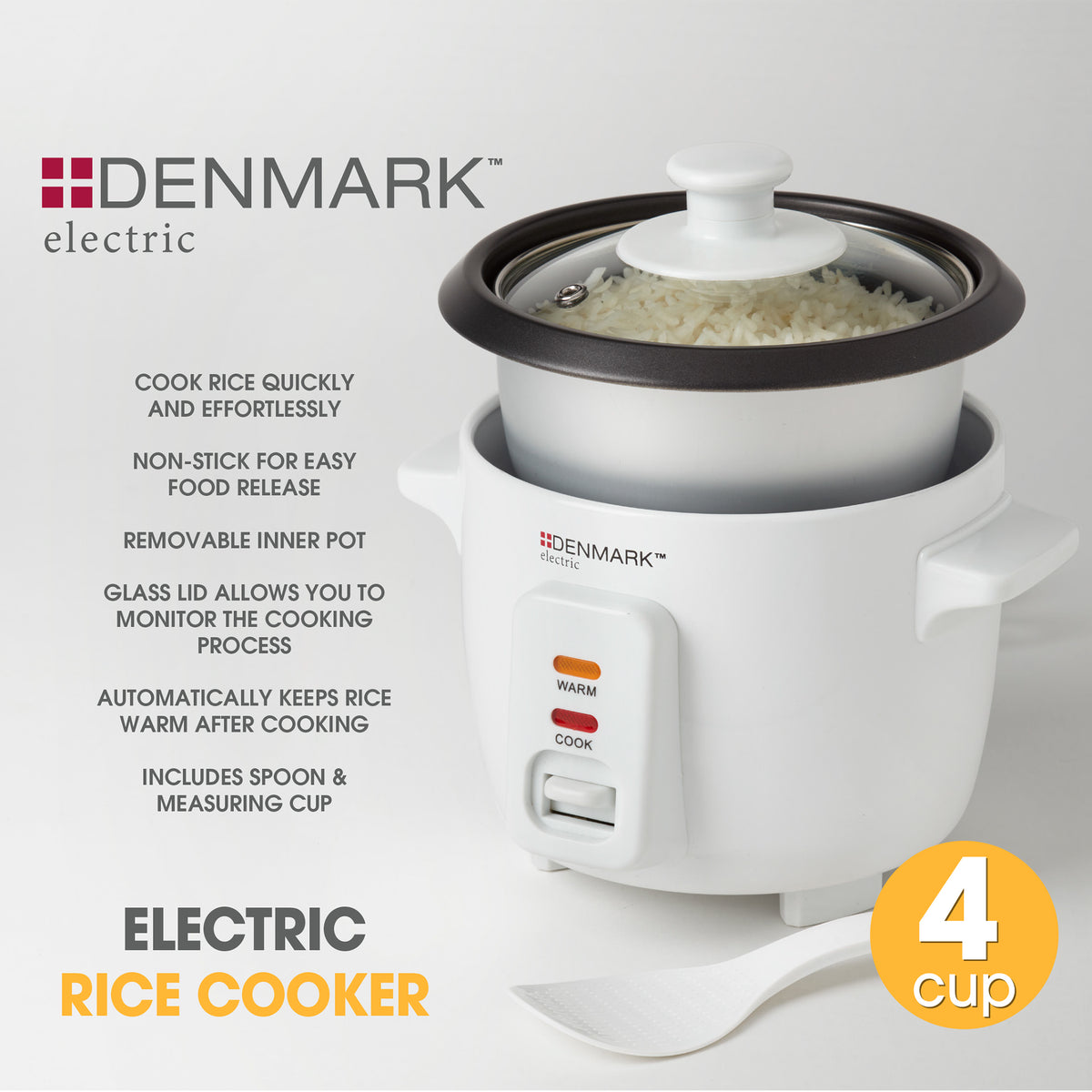 4-Cup Electric Rice Cooker with Non-Stick Removable Pot, White