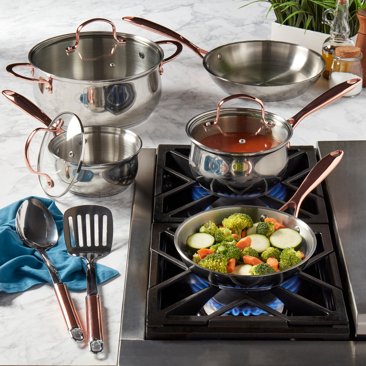 10-Piece Stainless Steel Cookware Set with Rose Gold