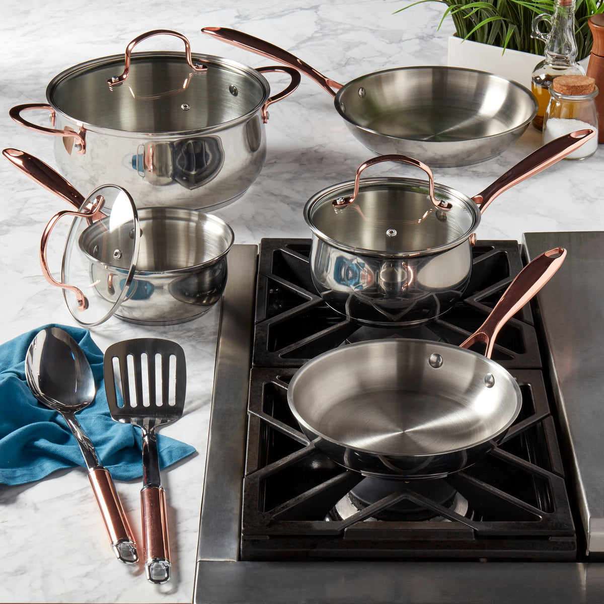 10-Piece Stainless Steel Cookware Set with Rose Gold