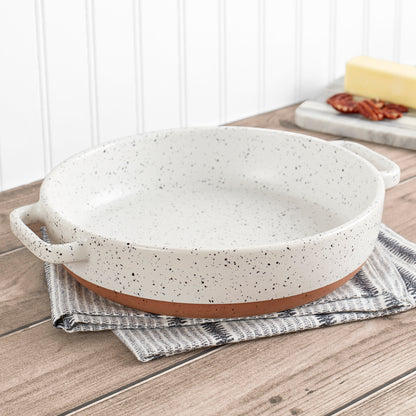 1.7-Quart Speckled White Round Stoneware Pie Pan Baking Dish