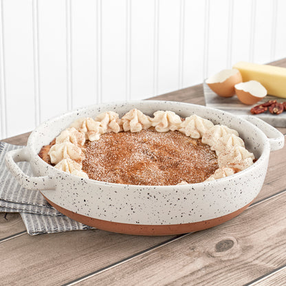 1.7-Quart Speckled White Round Stoneware Pie Pan Baking Dish