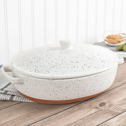 3.2-Quart Speckled White Oval Stoneware Baking Dish Casserole Pan with Lid