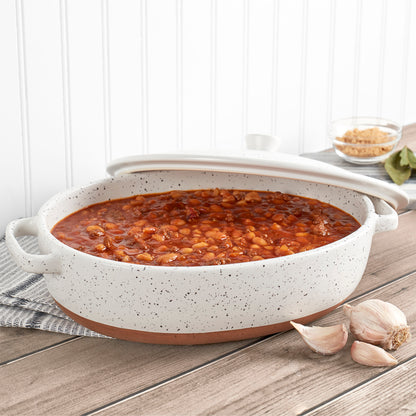 3.2-Quart Speckled White Oval Stoneware Baking Dish Casserole Pan with Lid