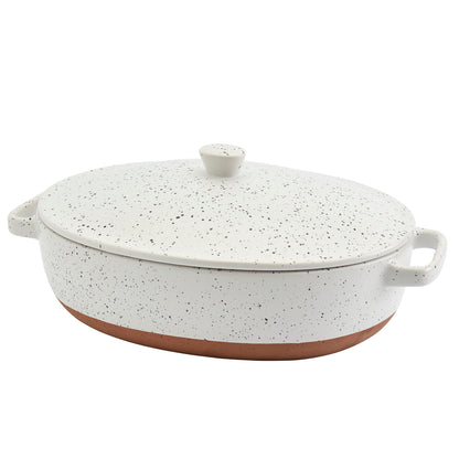 3.2-Quart Speckled White Oval Stoneware Baking Dish Casserole Pan with Lid
