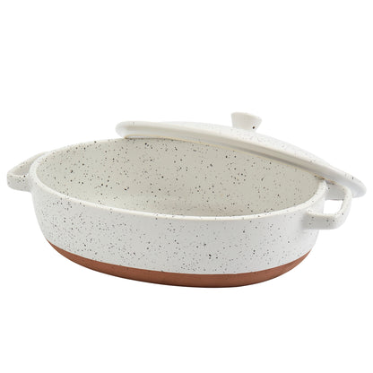 3.2-Quart Speckled White Oval Stoneware Baking Dish Casserole Pan with Lid